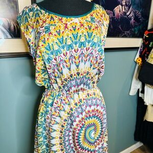 Allen B. Dress Colorful Geometric Mandala Pattern Sleeveless Open Back Large